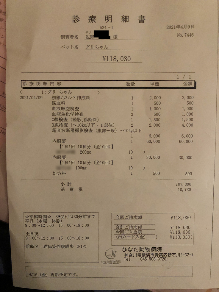 グリ　FIP新薬を受け取った際の明細書