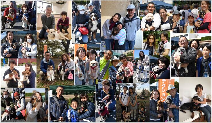里親様ご家族と卒業犬たち