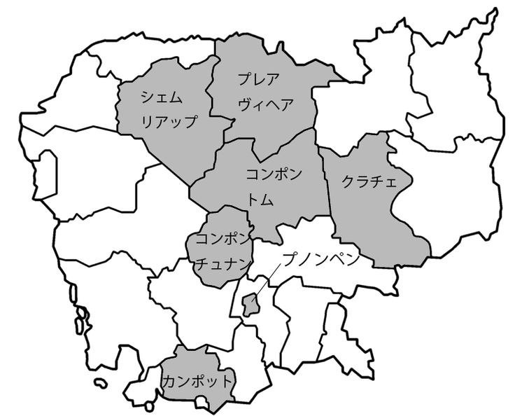 これまで訪問したエリア（カンボジアの地図）