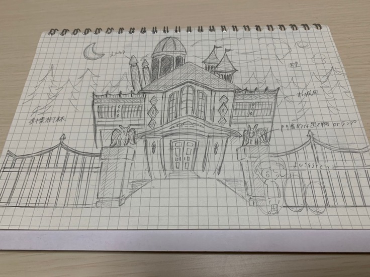 不気味な洋館のラフ画