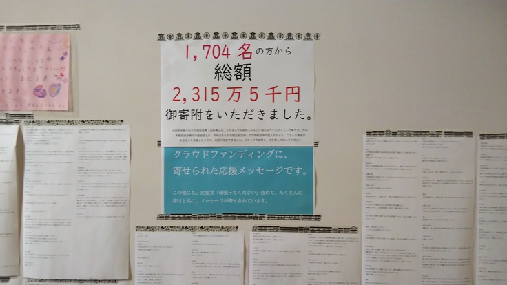 事務所の廊下に、皆様からのメッセージを掲出させていただきました。金額、人数は最終確定前の数値です。