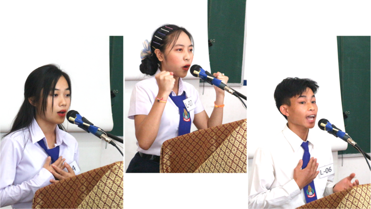 昨年大会（2021年大会）のスピーチの様子、3分スピーチ部門、真ん中1位の方、右側が2位の方、左側が3位の方