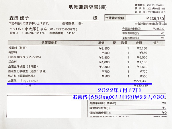 2022年1月17日お薬代・診療明細