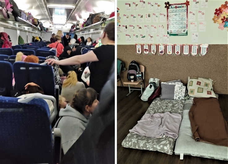 写真左）避難民で混み合った電車の車内　写真右） 仮眠のために設けられた布団2組