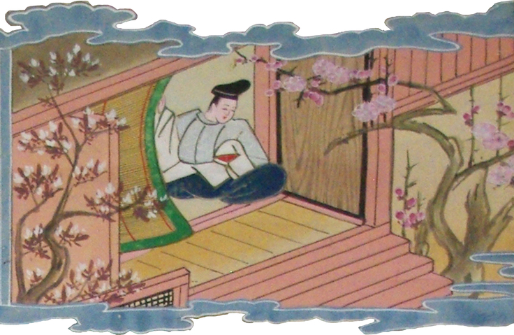「稲吉老松神社菅公縁起絵」第一幅７段より「紅梅別離」。道真公が「東風（こち）吹かば　匂ひおこせよ　梅の花」の歌を詠んでいるシーンです。