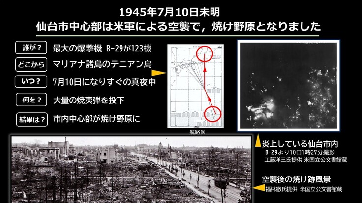 米軍が撮影した炎上する仙台市内と焼け跡風景 仙台の爆撃中心点 Mpi 銘板再工事にご協力をお願いします 仙台空襲を記録する有志の会 22 04 08 投稿 クラウドファンディング Readyfor