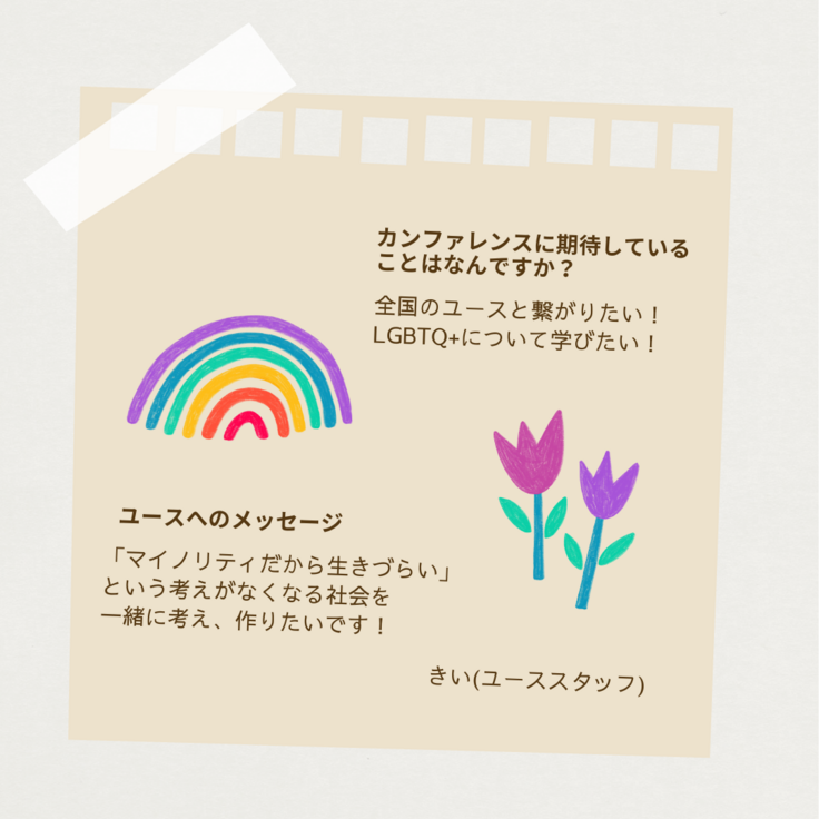 左上に虹がかかり、右下に二輪の紫のチューリップが咲いている画像がある。きい(ユーススタッフ)さんから、「カンファレンスに期待していることはなんですか？」というお題に「全国のユースと繋がりたい！LGBTQ+について学びたい！」とメッセージが寄せられている。「ユースへのメッセージ」というお題に「『マイノリティだから生きづらい』という考えがなくなる社会を一緒に考え、作りたいです！」とメッセージが寄せられている。