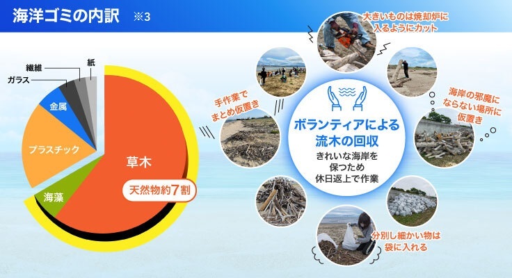 海洋ゴミ内訳、ボランティアによる回収作業