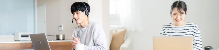 リモートワークをする男性と女性の光景